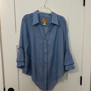 Ruby Rd. Blue Blouse with 3/4 Bell Ruffle Sleeves